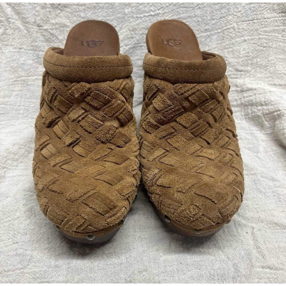 UGG Arroyo Weave Mule Clog Shoes Womens 7 Brown Suede Shearling Studded Platform